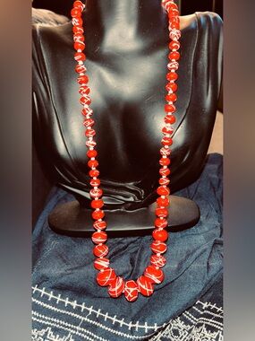 Bold Red Beaded Necklace with White Accents - vintage